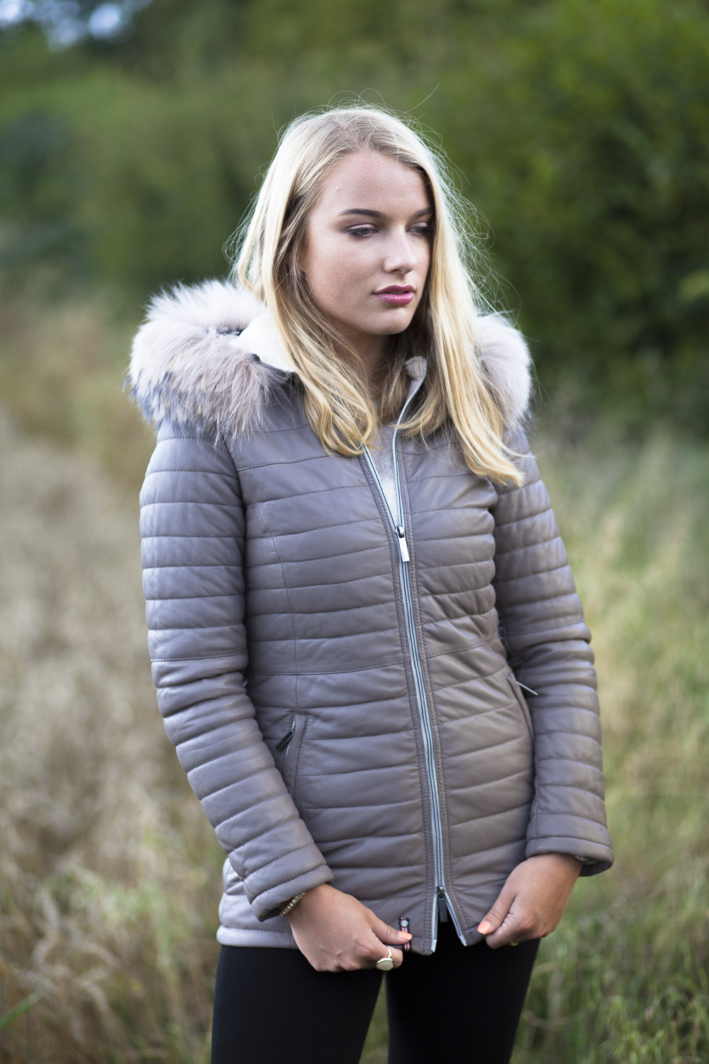 Women's Long Putty Leather Parka with Fur Trim, is a very contemporary ...