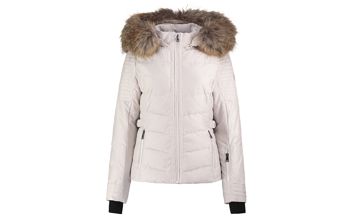 This gorgeous women’s Beige Ski Jacket with raccoon fur trim is a must ...