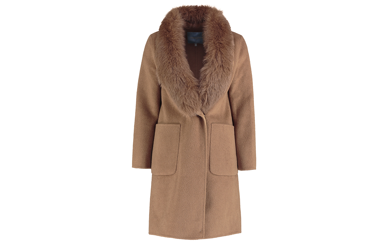 Gorgeous women’s Camel Cashmere Coat with raccoon fur trim is a must ...