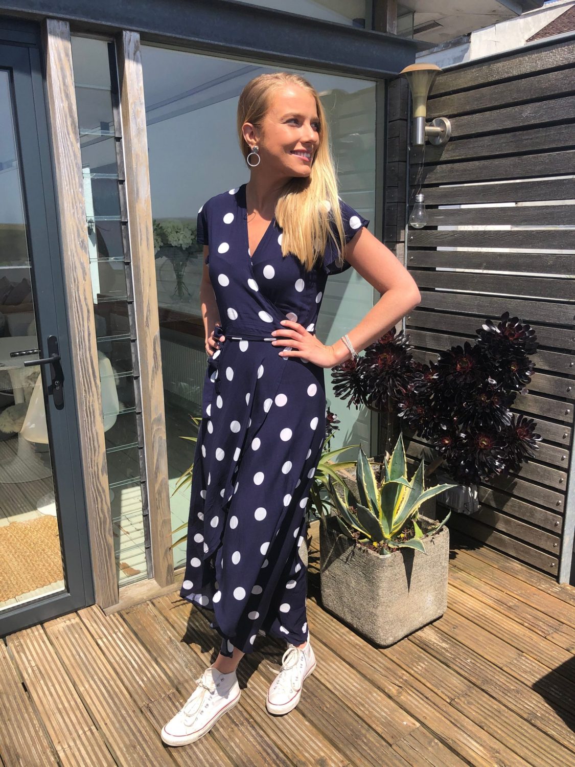 navy spot wrap dress