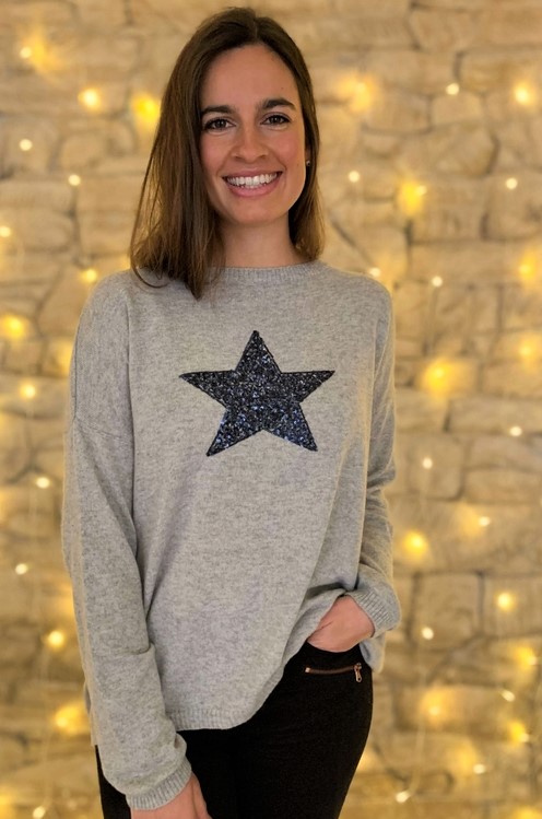 Navy Sequin Star Grey Cashmere Jumper