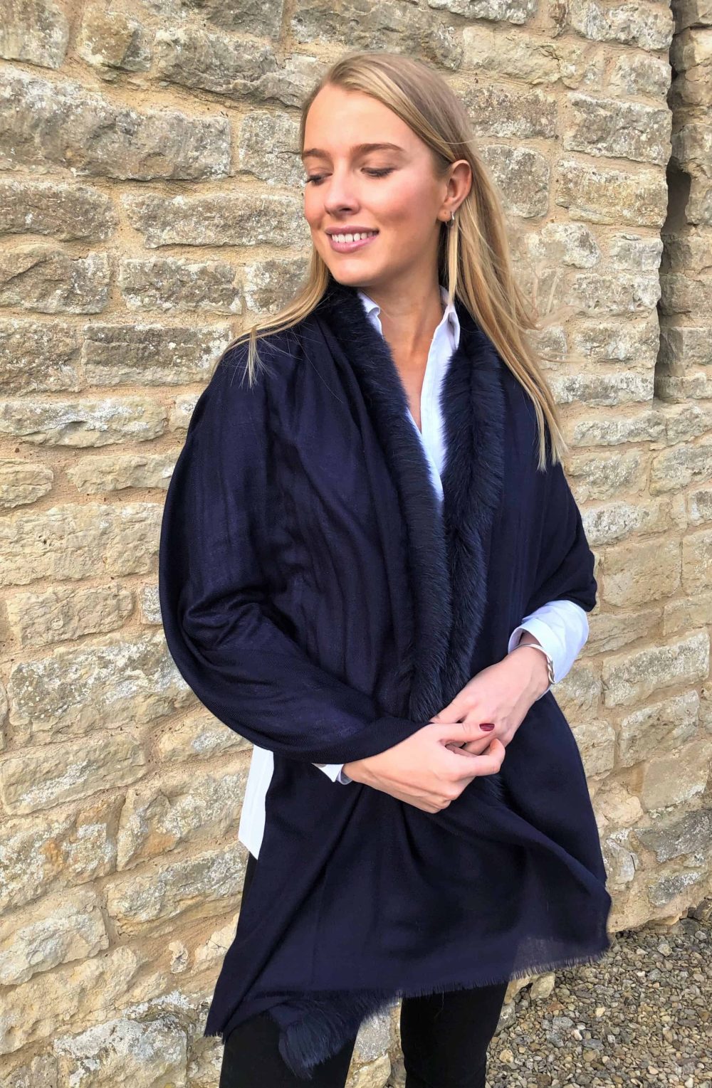 Navy Blue Cashmere Wrap, edged with navy raccoon fur.