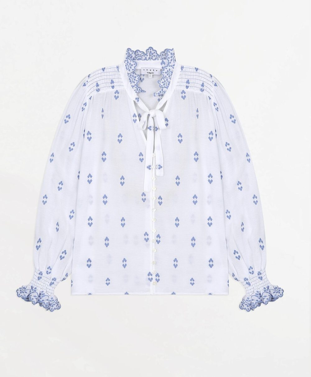 White and Blue Embroidered Blouse 2