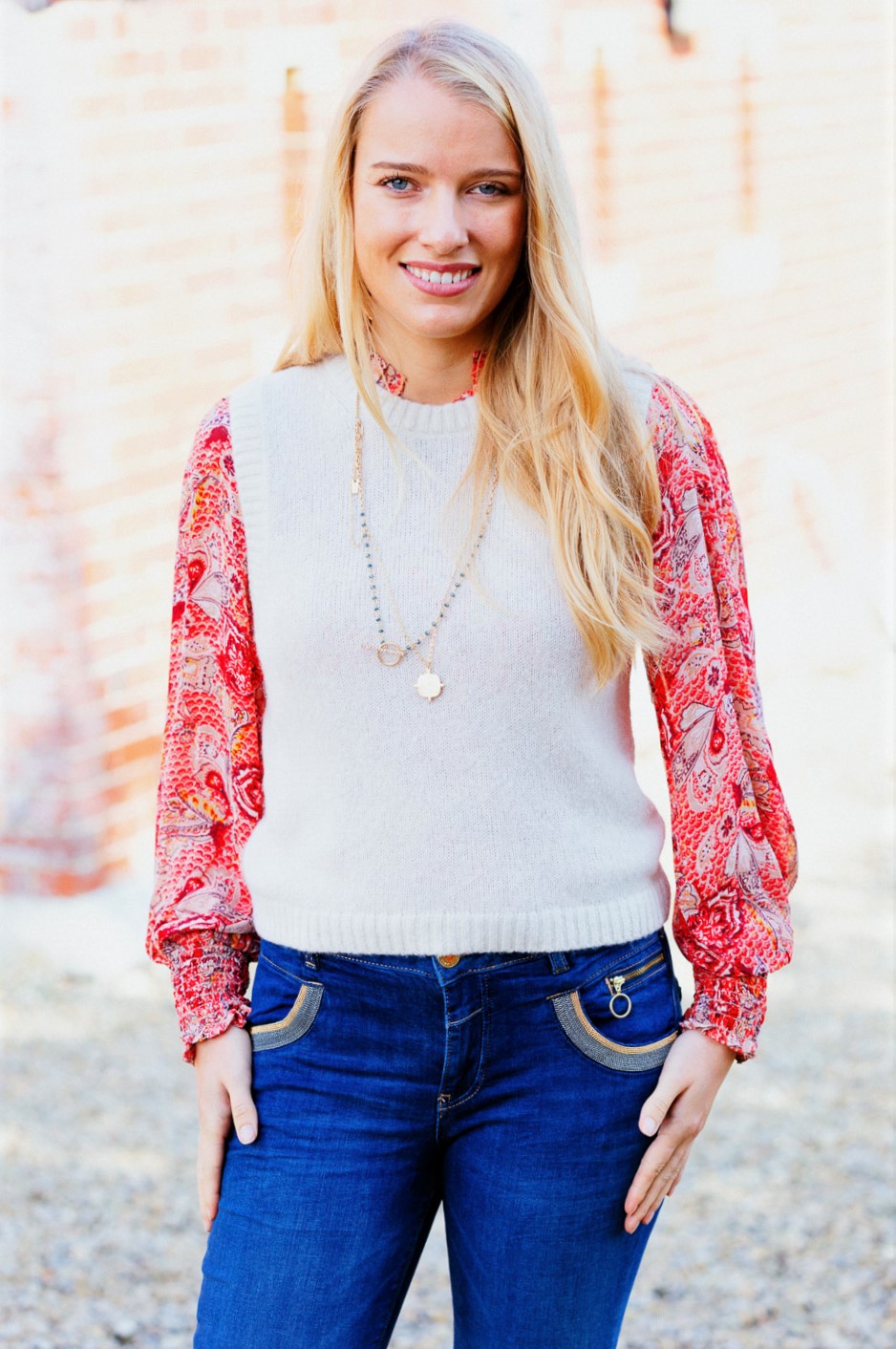 Cream Tank & Red Floral Print Blouse