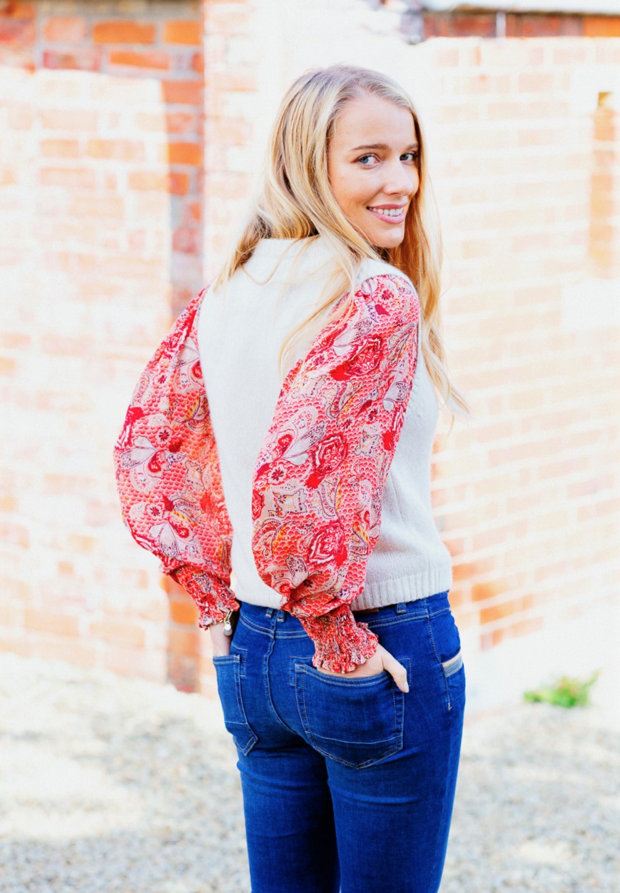 Cream Tank & Red Floral Print Blouse 1