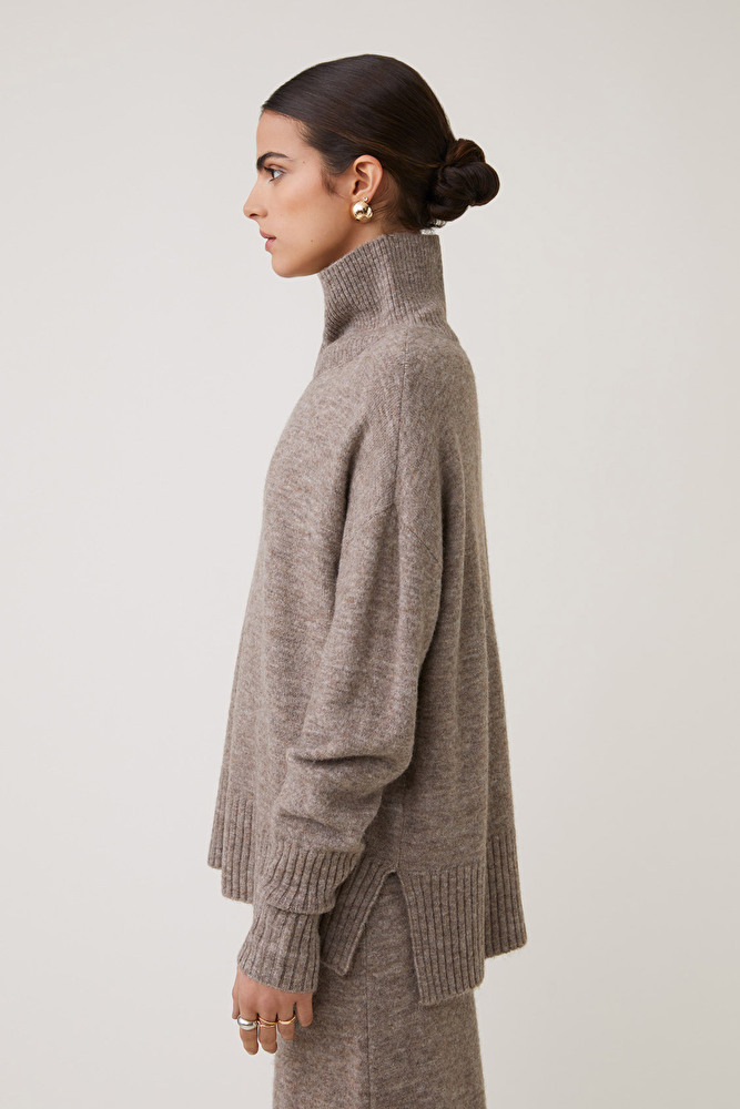 Suncoo Taupe Funnel Neck Knit ii