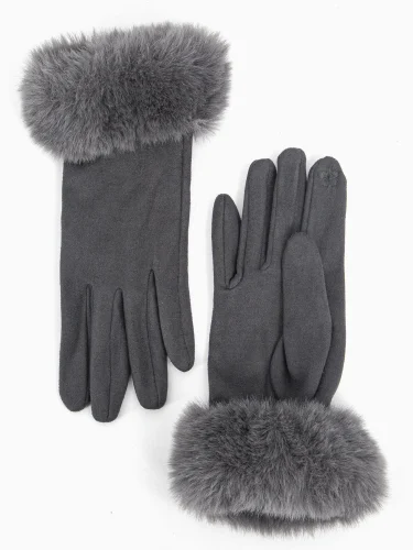 Grey Fur Trimmed Gloves