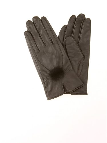 Grey Leather Pom-Pom Gloves