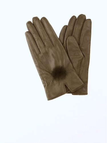 Khaki Leather Pom-Pom Gloves